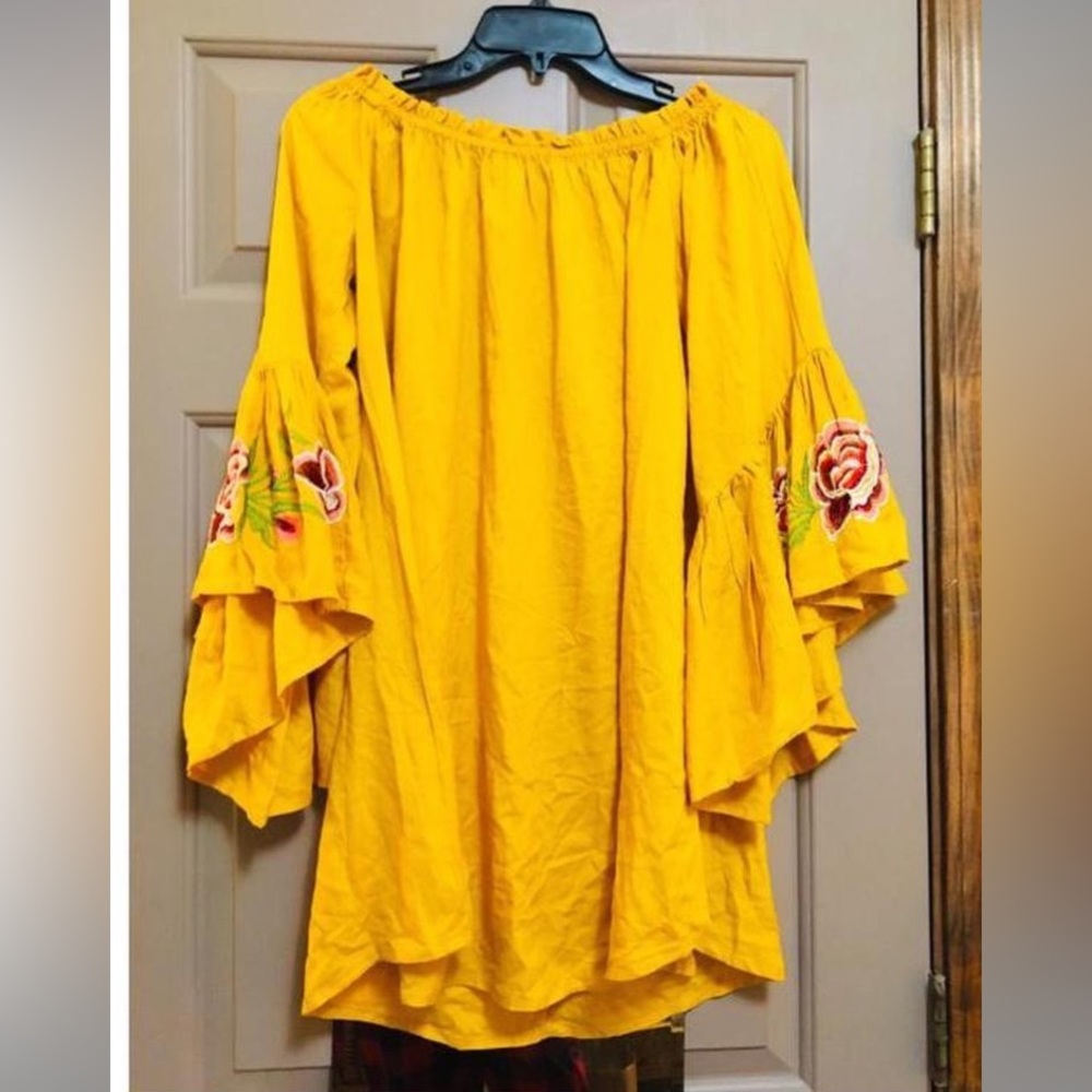 Golden Yellow Bell Sleeve Off The Shoulder Tunic Dress